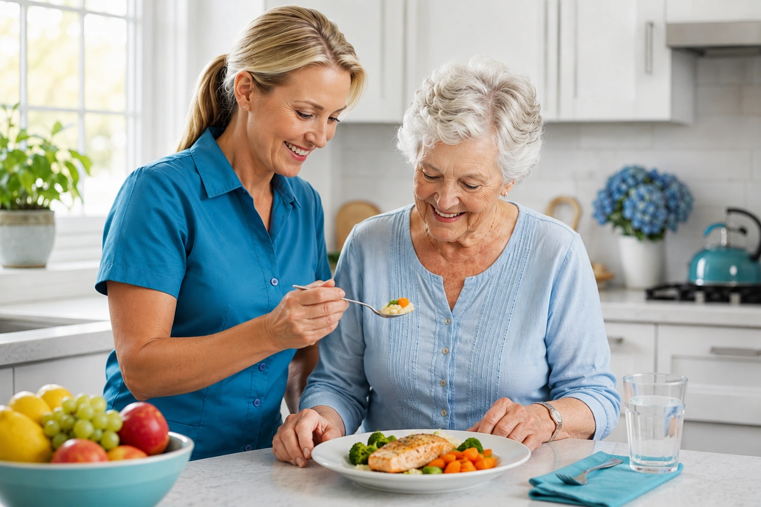 Caregiver assists an elderly client with eating dinner in a bright and comfortable home kitchen.