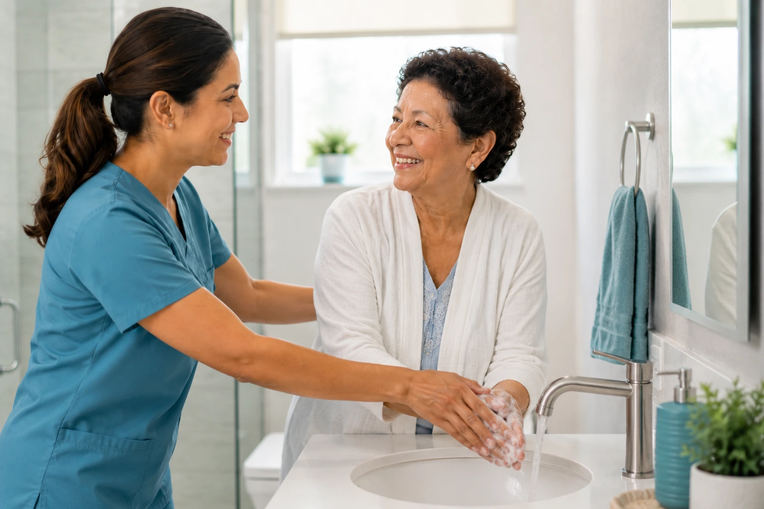 Caregiver helping an elderly client wash hands in a bright home bathroom.
